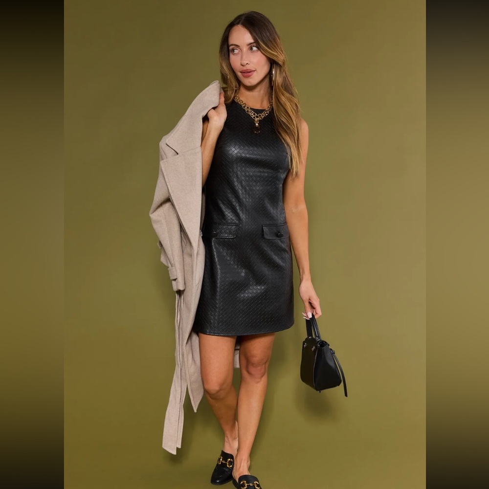 NWT Avara Lizzie Textured Faux Leather Mini Black Dress Small - Picture 3 of 7